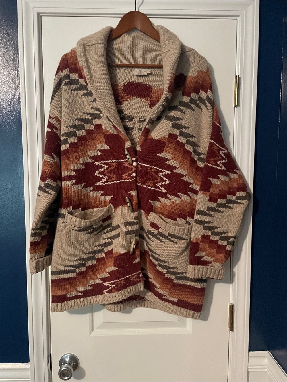 Faherty Aztec Toggle Shawl Cardigan in Beige, Rust & Tan